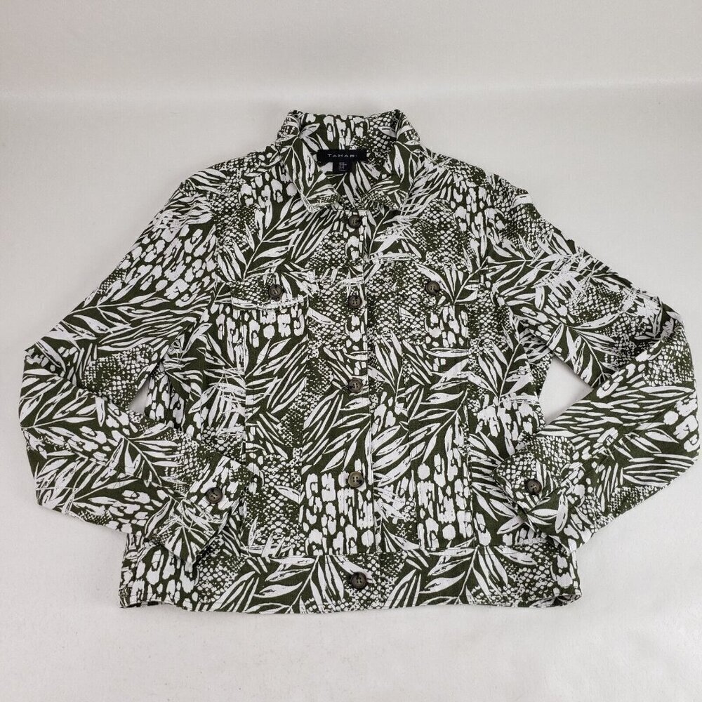 Tahari Linen Blend Button Up Jacket Womens Medium Green Leaf Print Lightweight